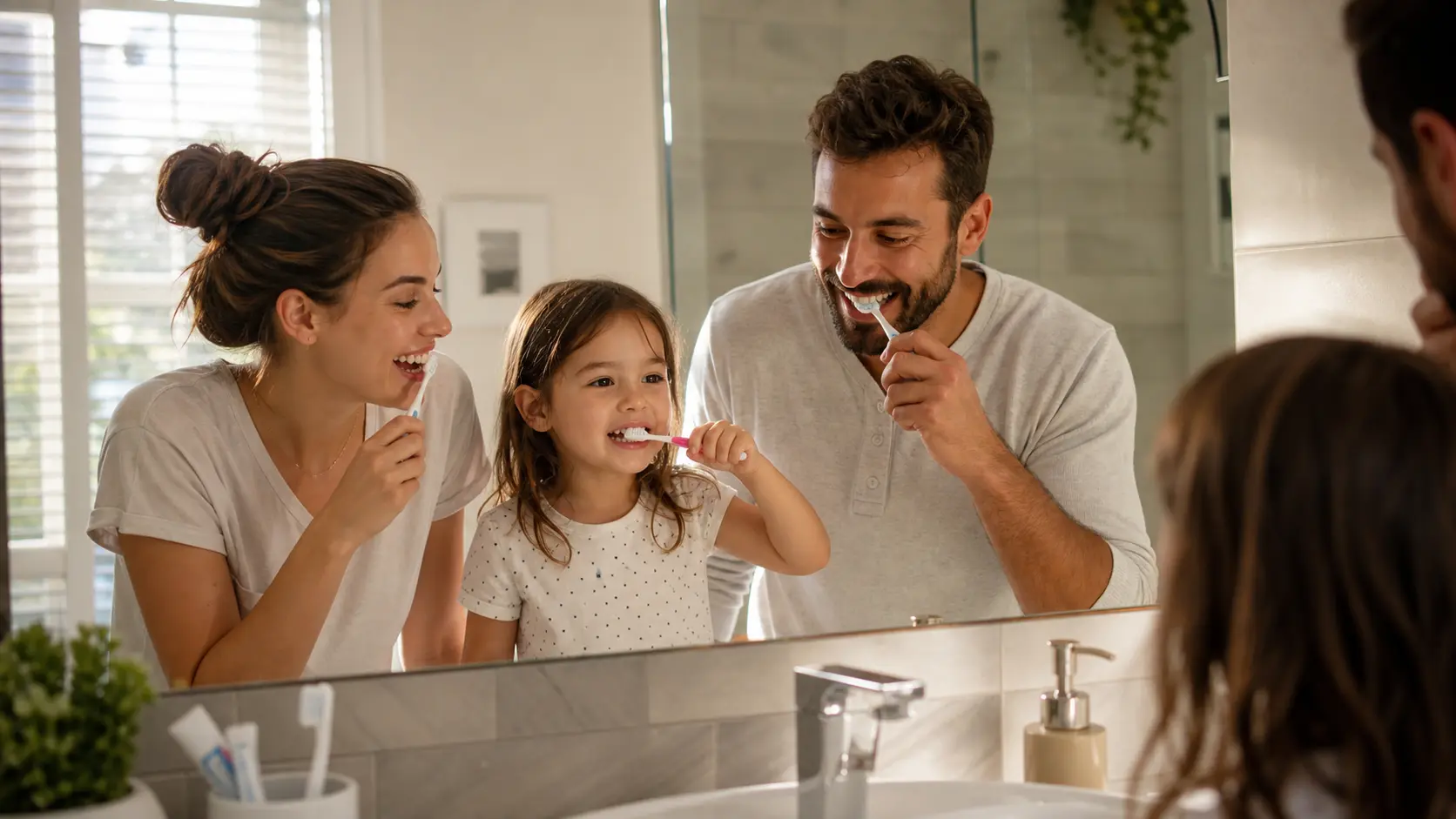 family brushing teeth